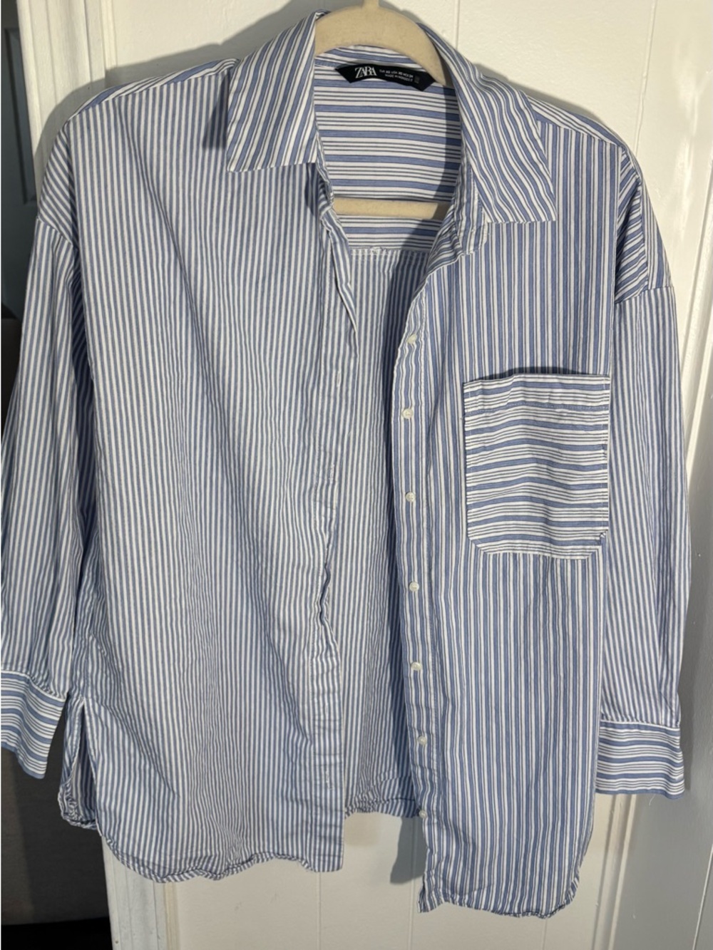 Zara Men's Blue & White Striped Cotton Button-Down Shirt